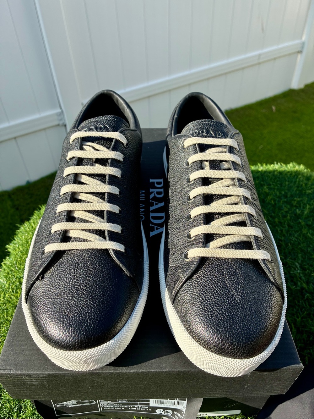 PRADA AGED-EFFECT BLACK PEBBLED LEATHER LOW-TOP SNEAKERS LOGO SZ US 11 UK 10 NEW - Picture 8 of 16
